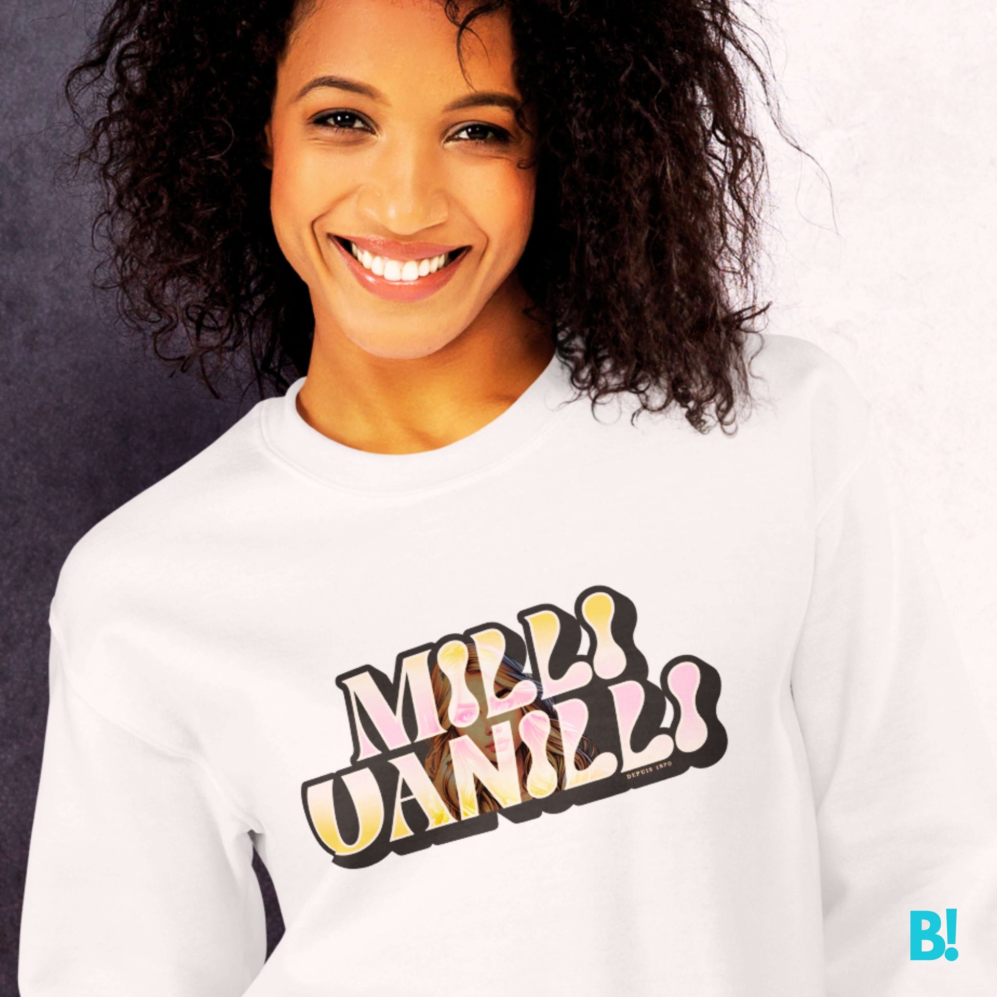 Add a splash of 90s Nostalgia to your wardrobe with the Milli Vanilli Sweater. Featuring a playful ice cream color palette, this sweater is a pure tribute to the iconic Pop Duo. Made from a super-soft 50/50 cotton-polyester blend, it’s available in white,