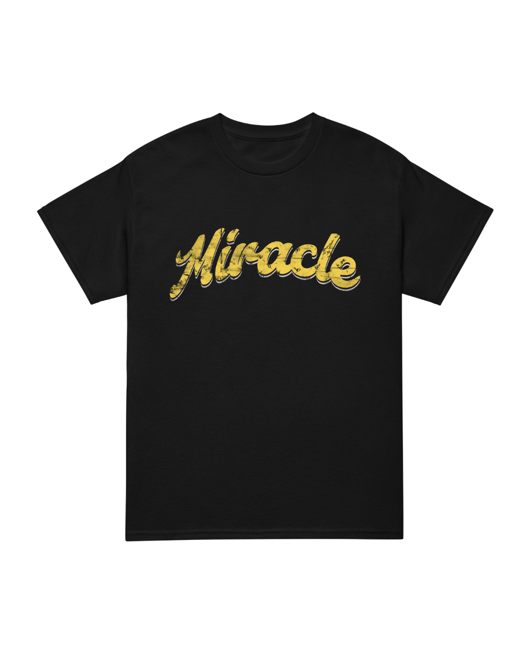 MIRACLE T-SHIRT | LUCK IS EARNED, featuring a stylish black design with a golden 'Miracle' graphic.