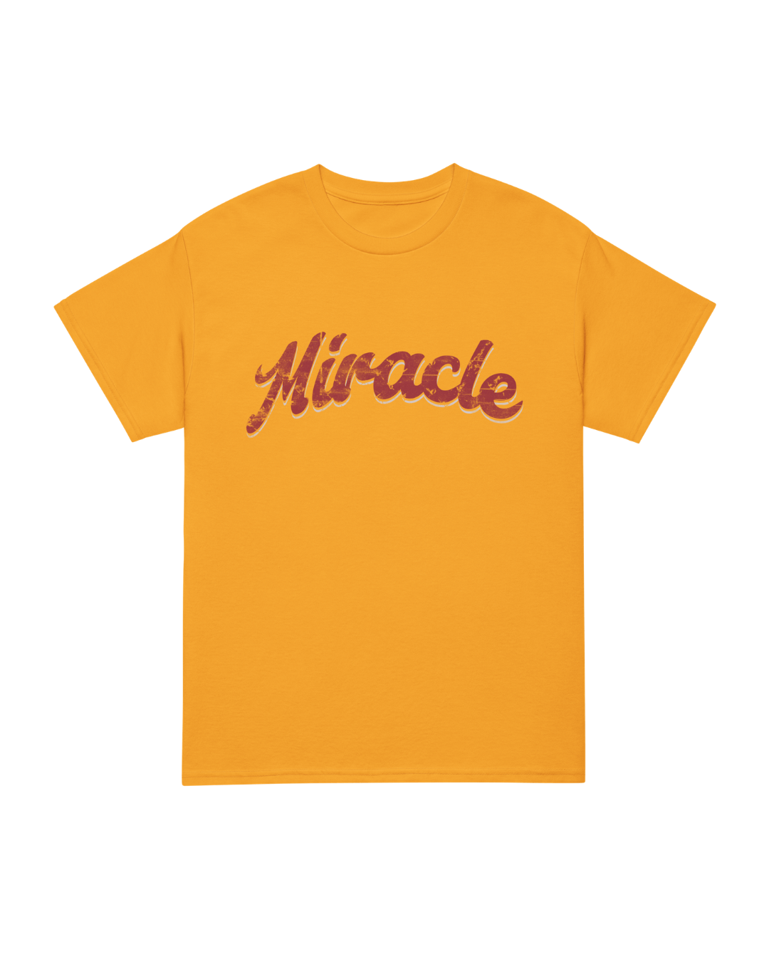 MIRACLE T-SHIRT | LUCK IS EARNED in vibrant yellow with 'Miracle' text design.