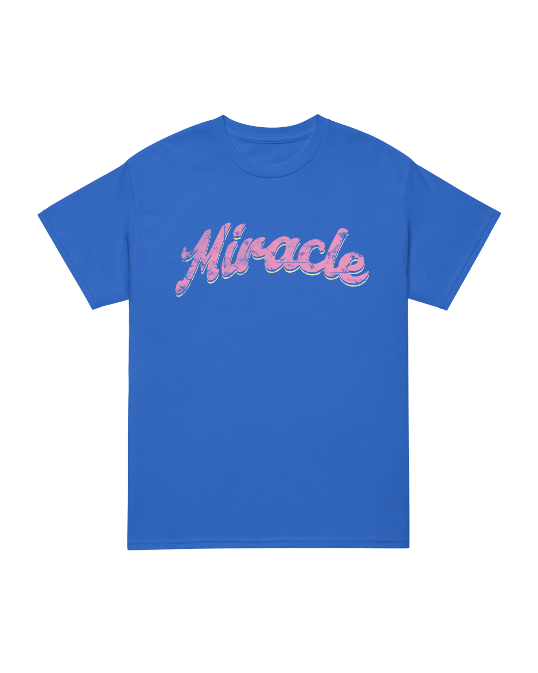 MIRACLE T-SHIRT | LUCK IS EARNED in vibrant blue color with a playful pink design.