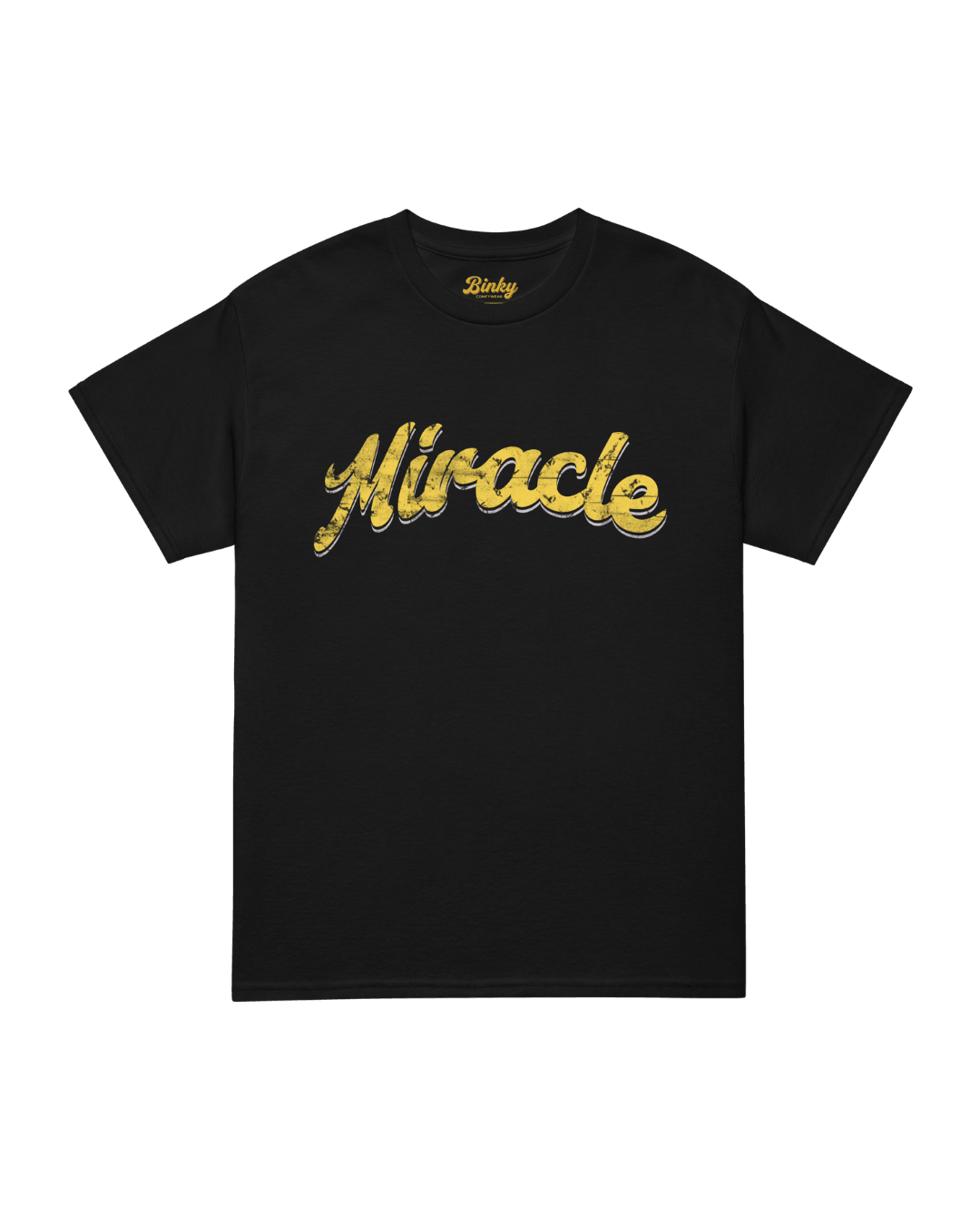 Miracle T-shirt | Luck Is Earned design in black featuring the word 'Miracle' in gold lettering.