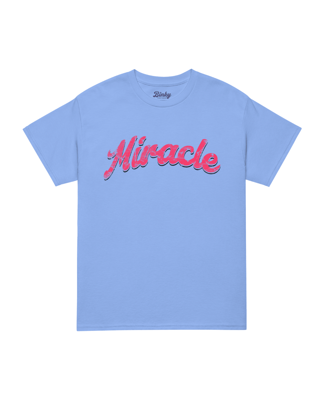 Miracle T-shirt | Luck Is Earned, blue t-shirt with bold pink 'Miracle' text design.