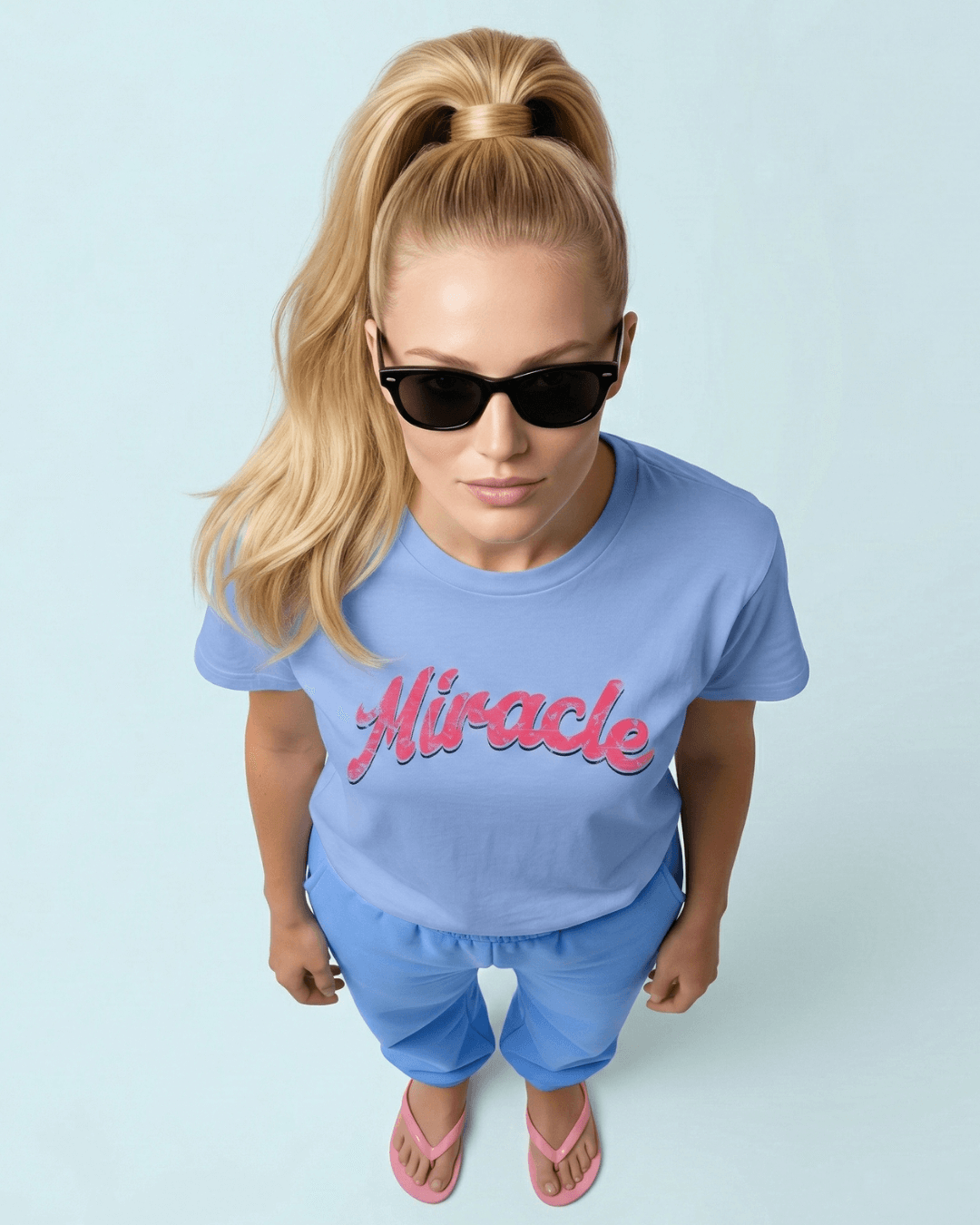 MIRACLE T-SHIRT | LUCK IS EARNED worn by a stylish model in a bright blue outfit with sunglasses.