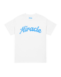 Miracle T-shirt in white featuring blue wave text, representing the theme 'Luck Is Earned'.