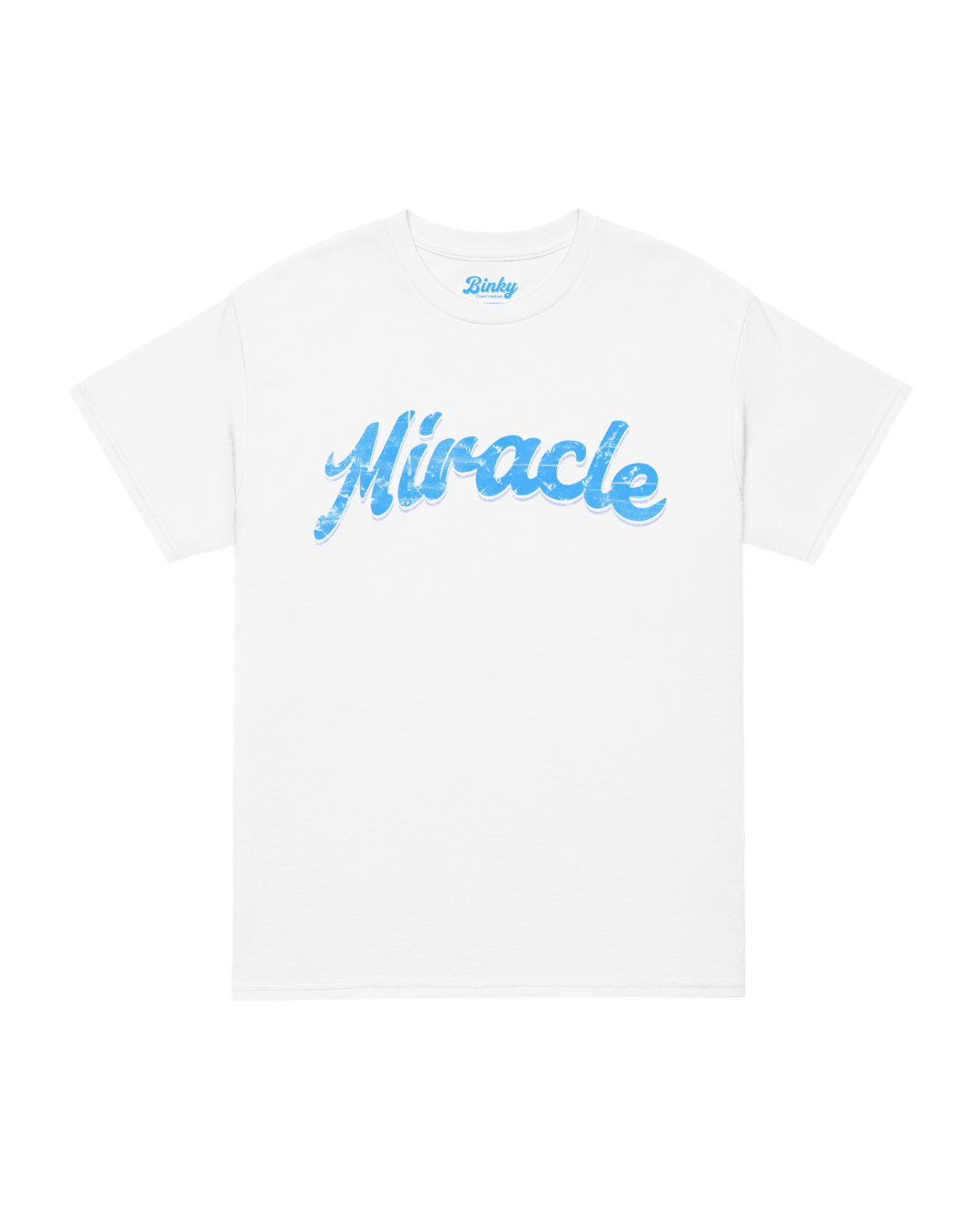 Miracle T-shirt in white featuring blue wave text, representing the theme 'Luck Is Earned'.