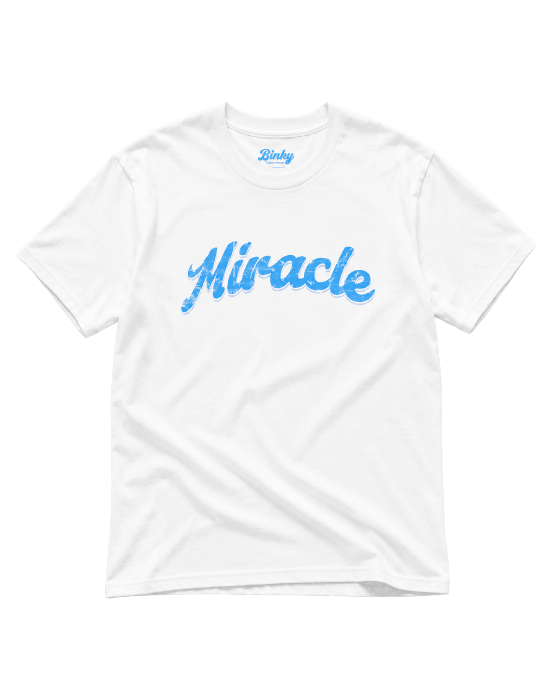 Miracle T-Shirt | Luck Is Earned featuring a white shirt with blue 'Miracle' text.