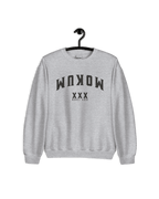 MOKUM EST 1300 SWEATER hanging on a hook, featuring upside-down MOKUM design and iconic XXX symbols for Amsterdam.