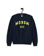 MOKUM EST 1300 SWEATER in navy with upside-down design and iconic XXX symbol, representing Amsterdam culture.