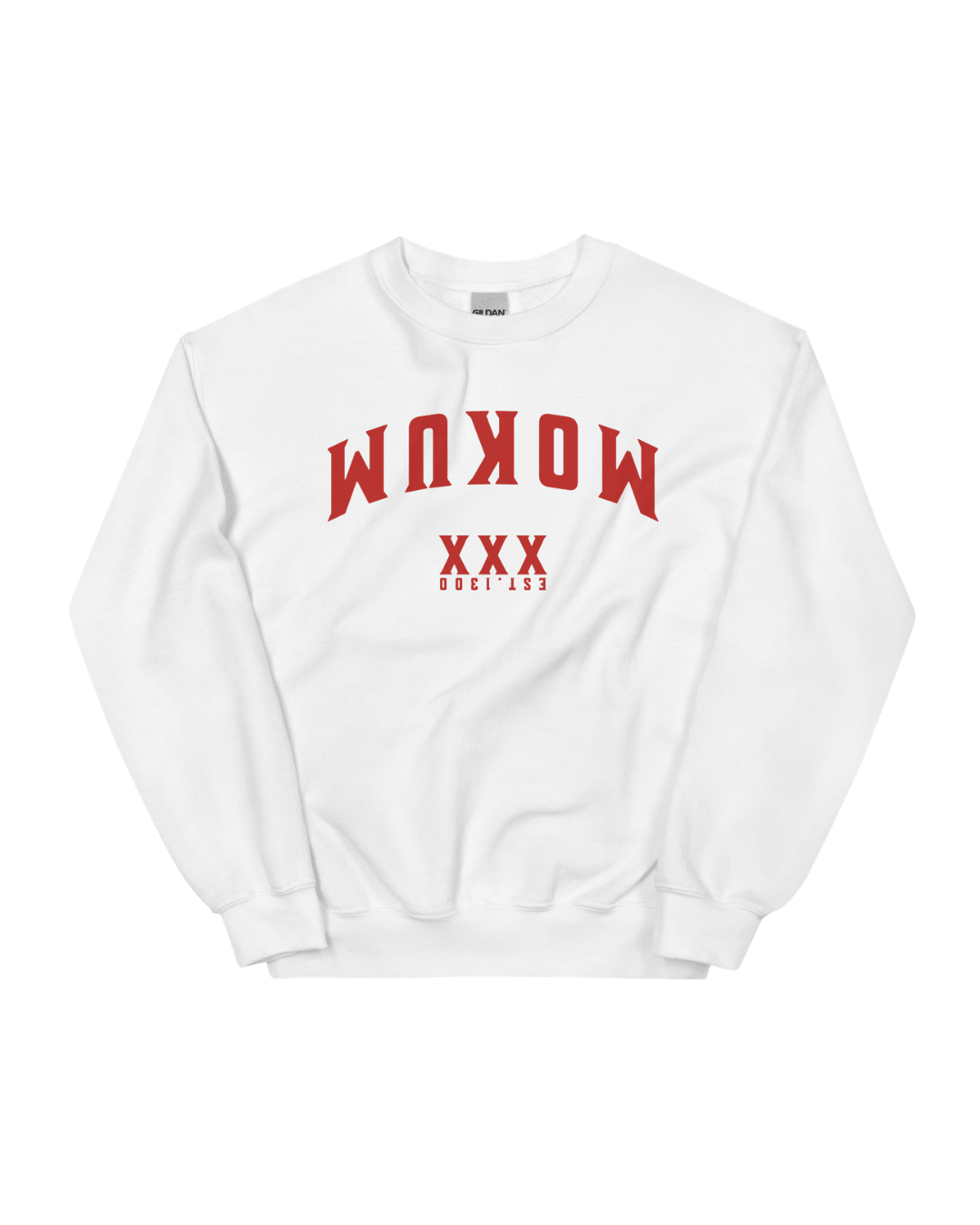 Amsterdam Sweater | Mokum Est 1300 Edition featuring a white design with red inverted MOKUM text.