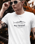 A man wearing a MACKEREL T-SHIRT with a fish graphic, showcasing Dutch heritage and maritime style.
