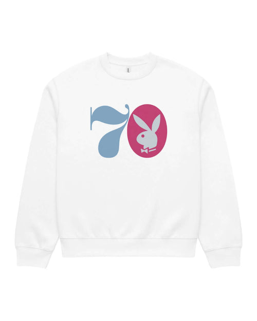 BINKY Midnight Hustle '70 Heavy Sweater in White, front view with red, white and blue retro nightlife graphic.