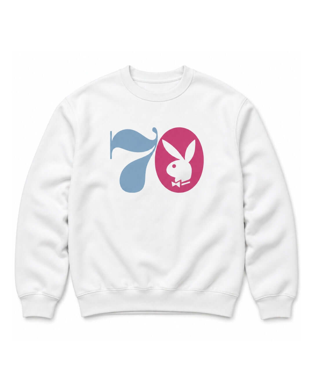 BINKY Midnight Hustle '70 Heavy Sweater in White, front view with red, white and blue retro nightlife graphic.