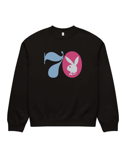 BINKY Midnight Hustle '70 Heavy Sweater in Black, front view with red, white and blue retro nightlife graphic.