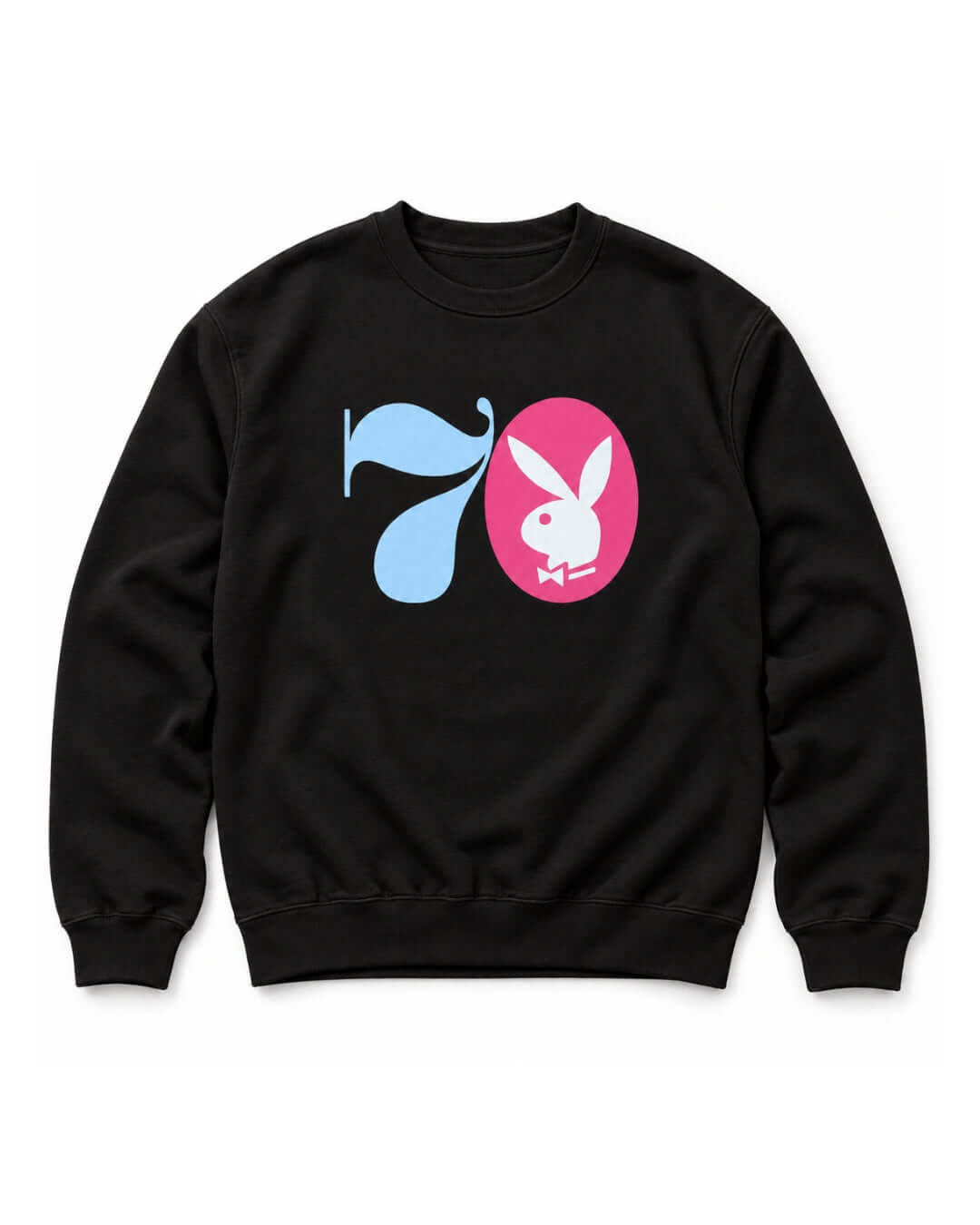 BINKY Midnight Hustle '70 Heavy Sweater in Black, front view with red, white and blue retro nightlife graphic.