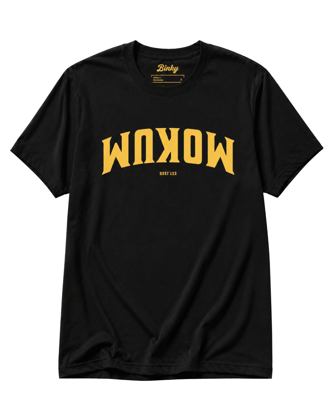Black unisex BINKY Comfywear T-shirt shown from the front on a clean studio background, featuring a large yellow inverted Mokum varsity chest graphic with small Est. 1300 detail underneath, clean solid print style, visible BINKY neck label, crew neck coll