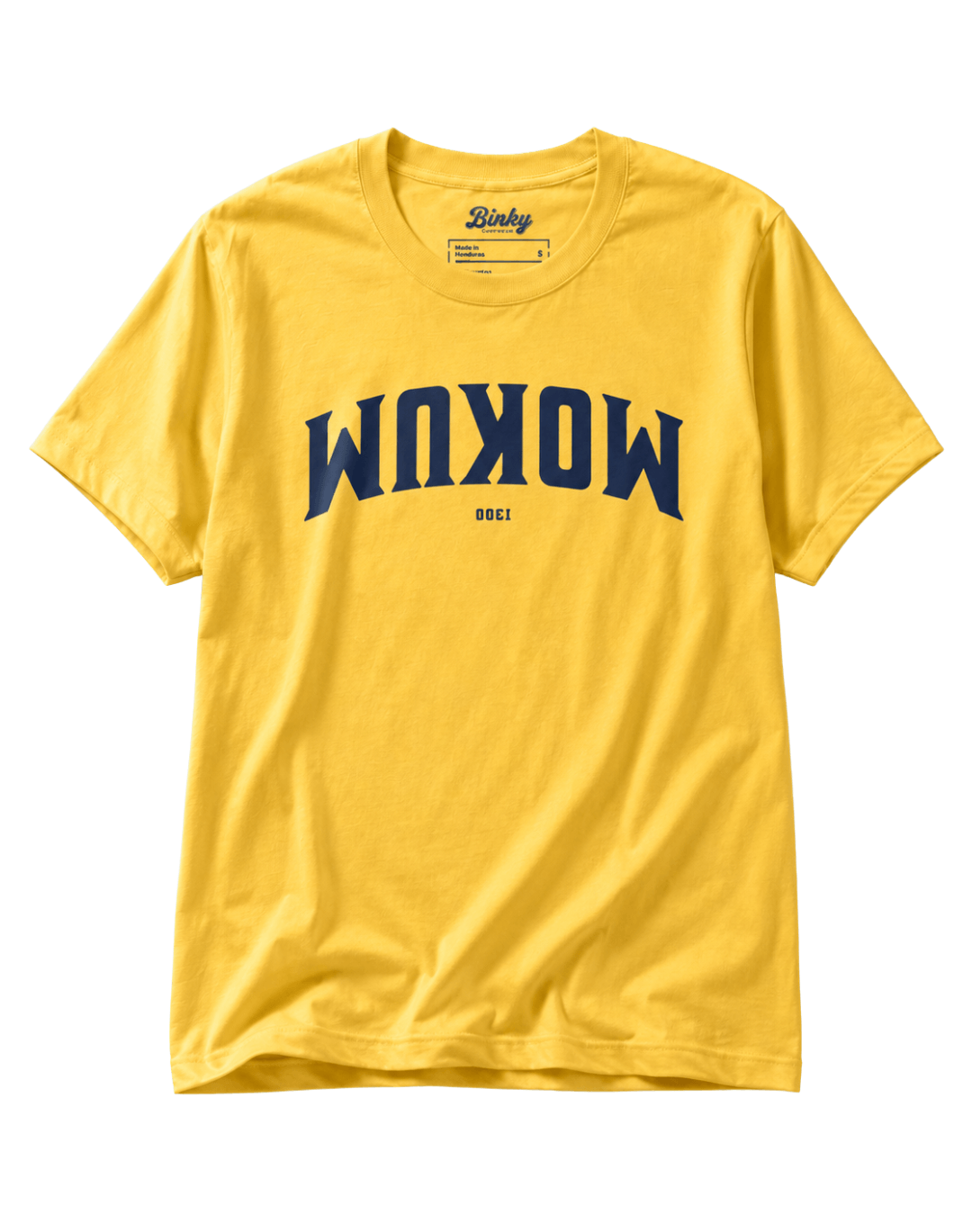 Daisy Yellow unisex BINKY Comfywear T-shirt shown from the front in a clean studio product mockup, featuring a large dark blue inverted Mokum varsity chest graphic with small Est. 1300 detail underneath, solid ink print, visible BINKY neck label, classic 
