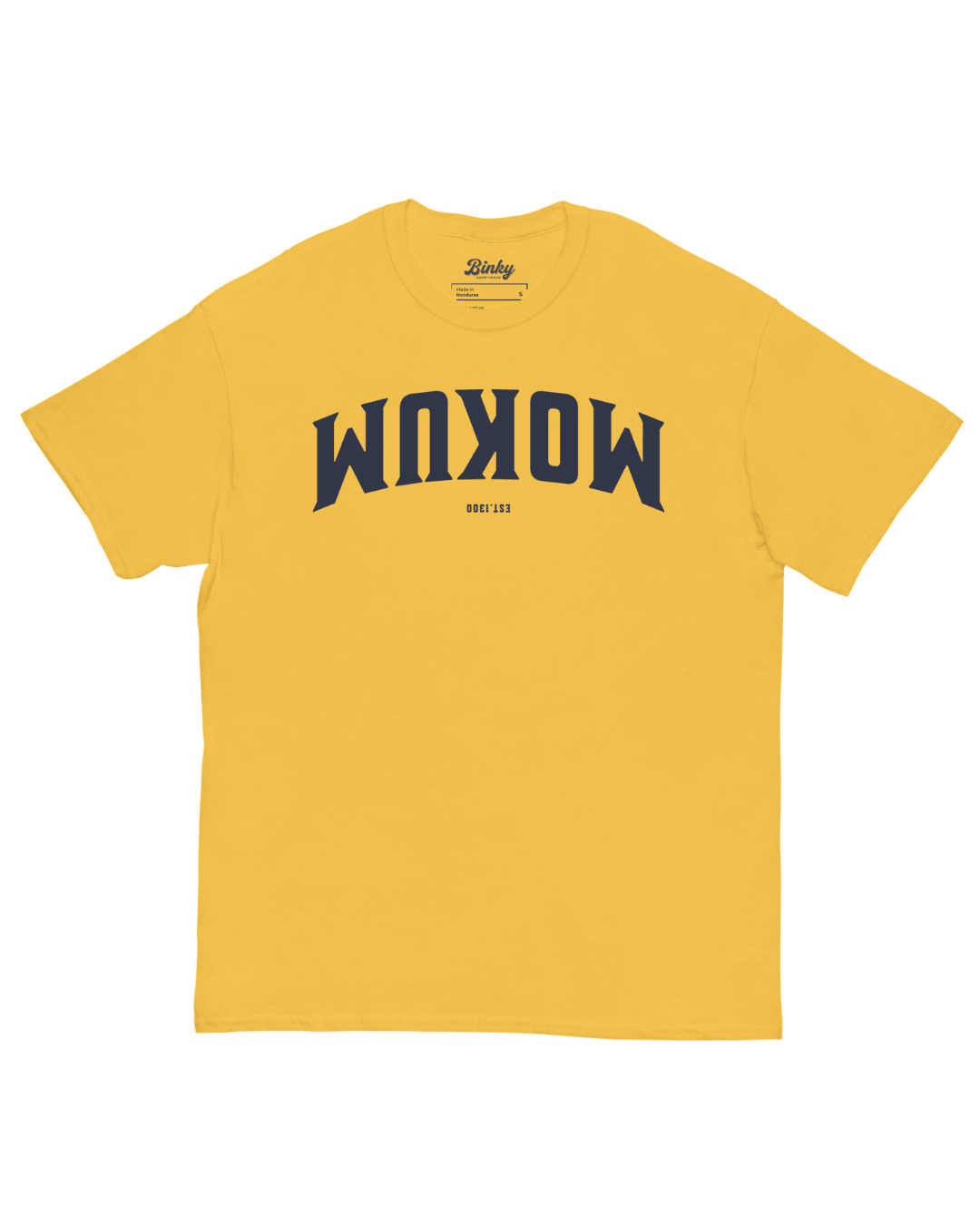 Mokum Est. 1300 T-Shirt | Local Legend in Daisy Yellow with mirrored varsity lettering.