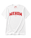 White unisex BINKY Comfywear T-shirt shown from the front on a clean studio background, featuring a large red inverted Mokum varsity chest graphic with small Est. 1300 detail underneath, clean solid print style, red BINKY neck label, short sleeves, crew n