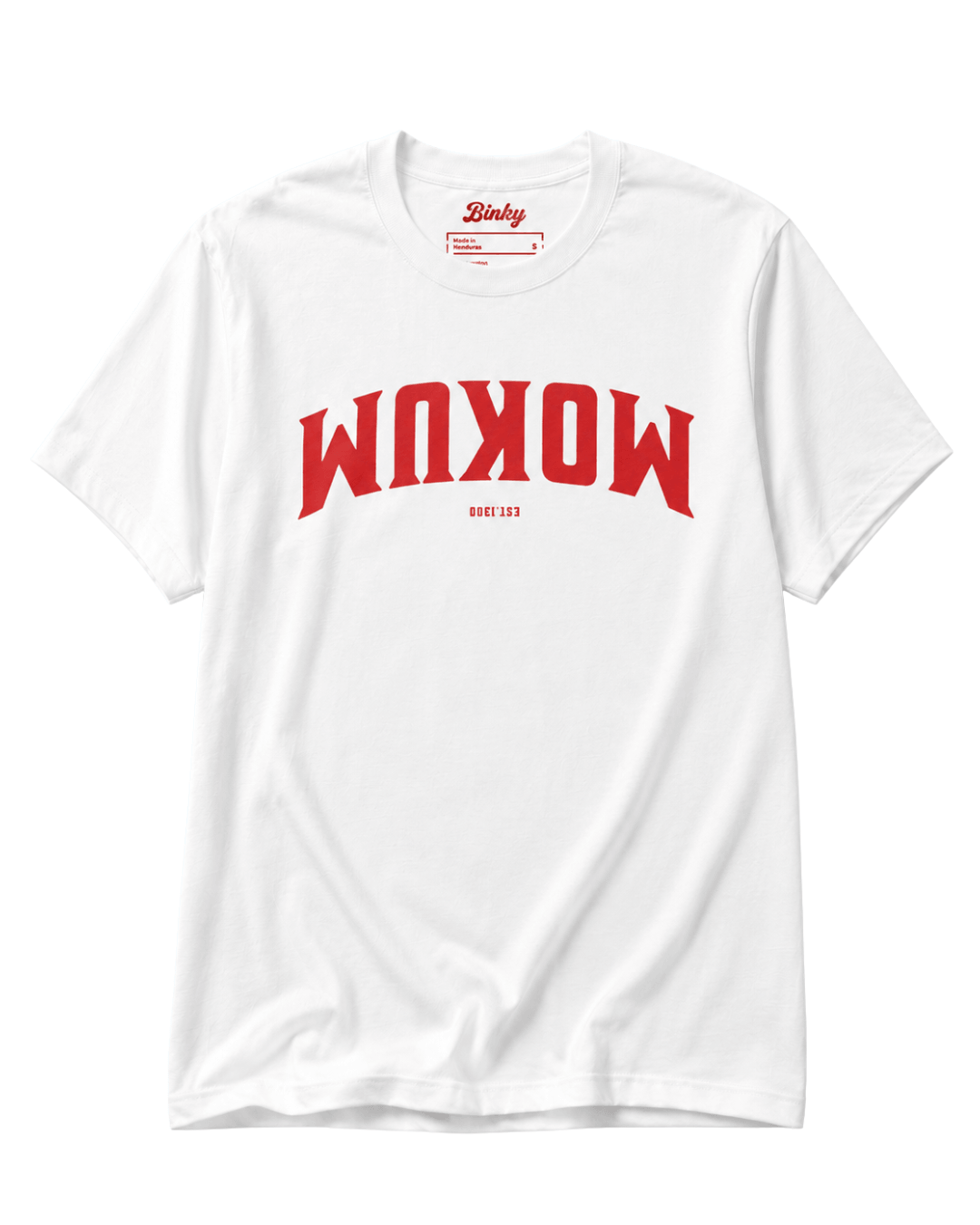 White unisex BINKY Comfywear T-shirt shown from the front on a clean studio background, featuring a large red inverted Mokum varsity chest graphic with small Est. 1300 detail underneath, clean solid print style, red BINKY neck label, short sleeves, crew n