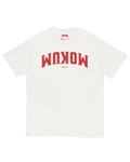 Mokum Est. 1300 T-Shirt | Local Legend, gespiegelde Amsterdam varsity stijl, witte T-shirt met opvallende rode letters.