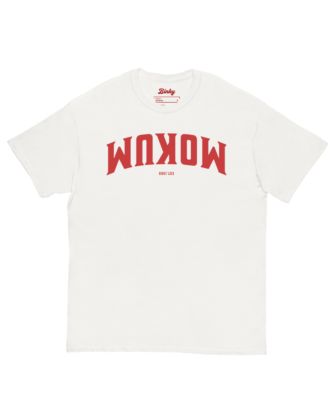 Mokum Est. 1300 T-Shirt | Local Legend, gespiegelde Amsterdam varsity stijl, witte T-shirt met opvallende rode letters.