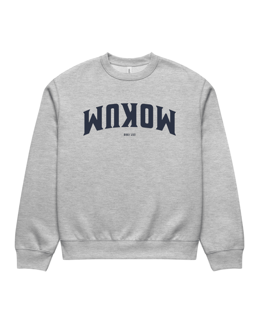 Mokum Est 1300 Heavy Sweater in Athletic Heather, front view showing the oversized fit and navy blue MOKUM and EST 1300 graphic upside down on the chest.