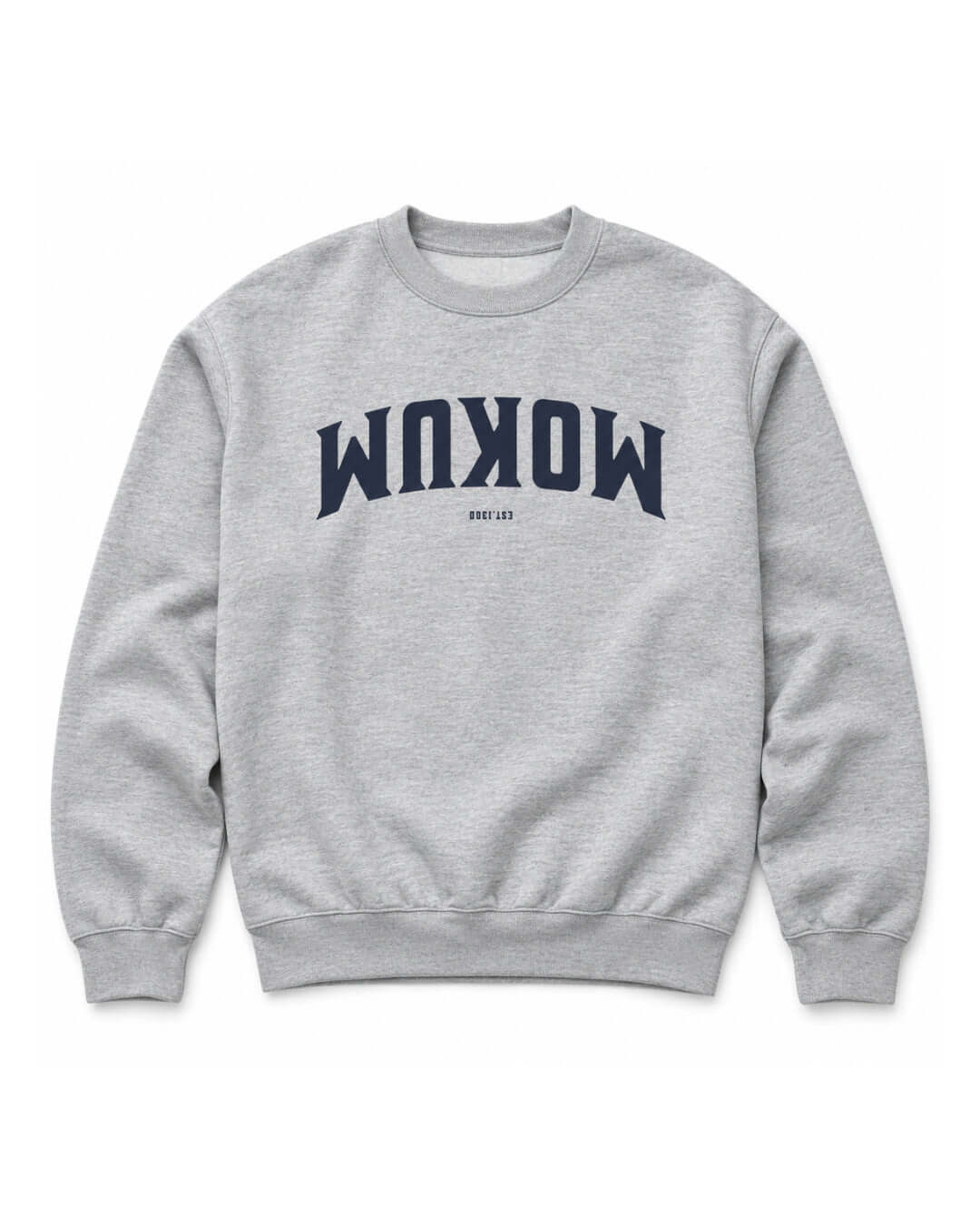 BINKY Mokum Est 1300 Heavy Sweater in Athletic Heather, front view with navy upside-down Mokum graphic.