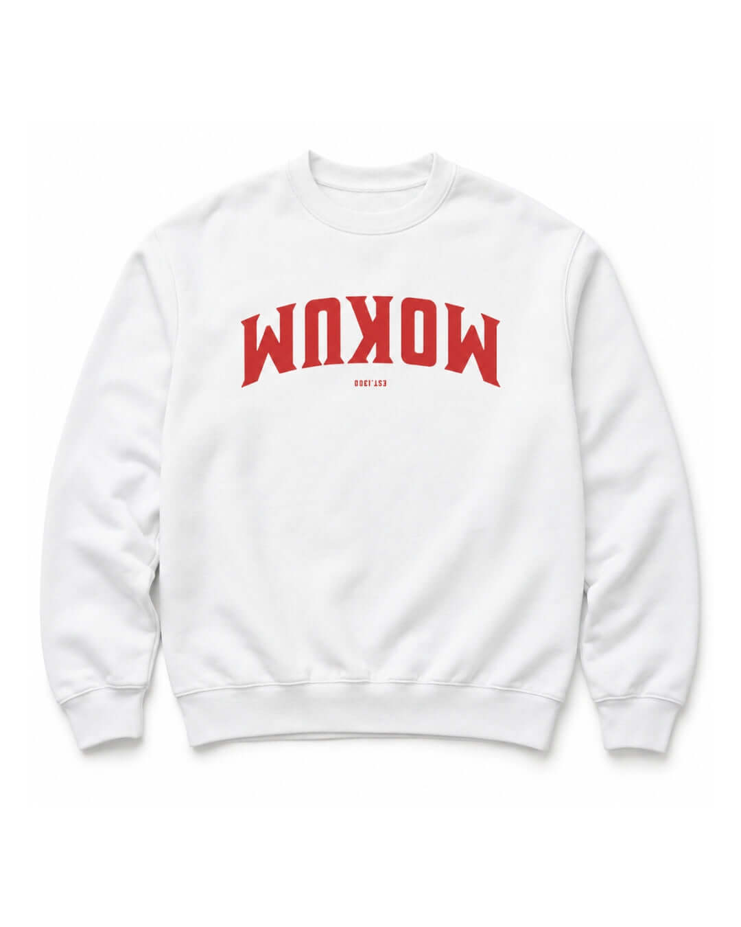 BINKY Mokum Est 1300 Heavy Sweater in White, front view with red upside-down Mokum Est 1300 graphic.