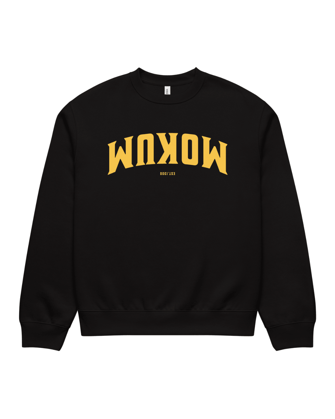 Mokum Est 1300 Heavy Sweater in Black, front view with oversized heavyweight silhouette and yellow MOKUM and EST 1300 graphic intentionally inverted.