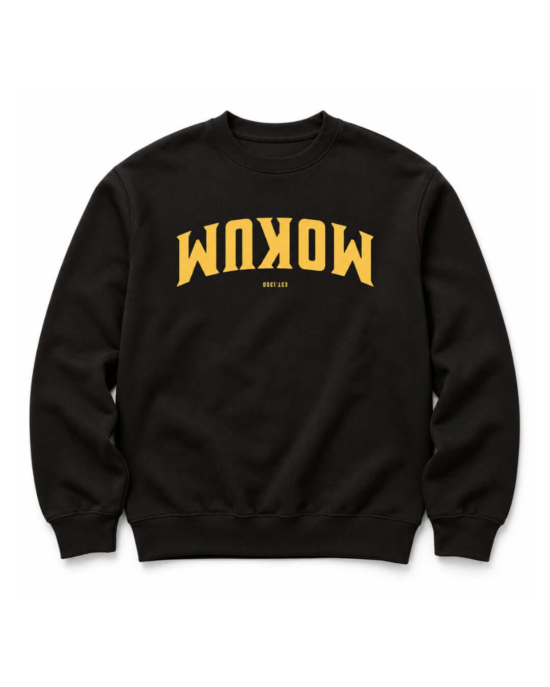 BINKY Mokum Est 1300 Heavy Sweater in Black, front view with yellow upside-down Amsterdam graphic.