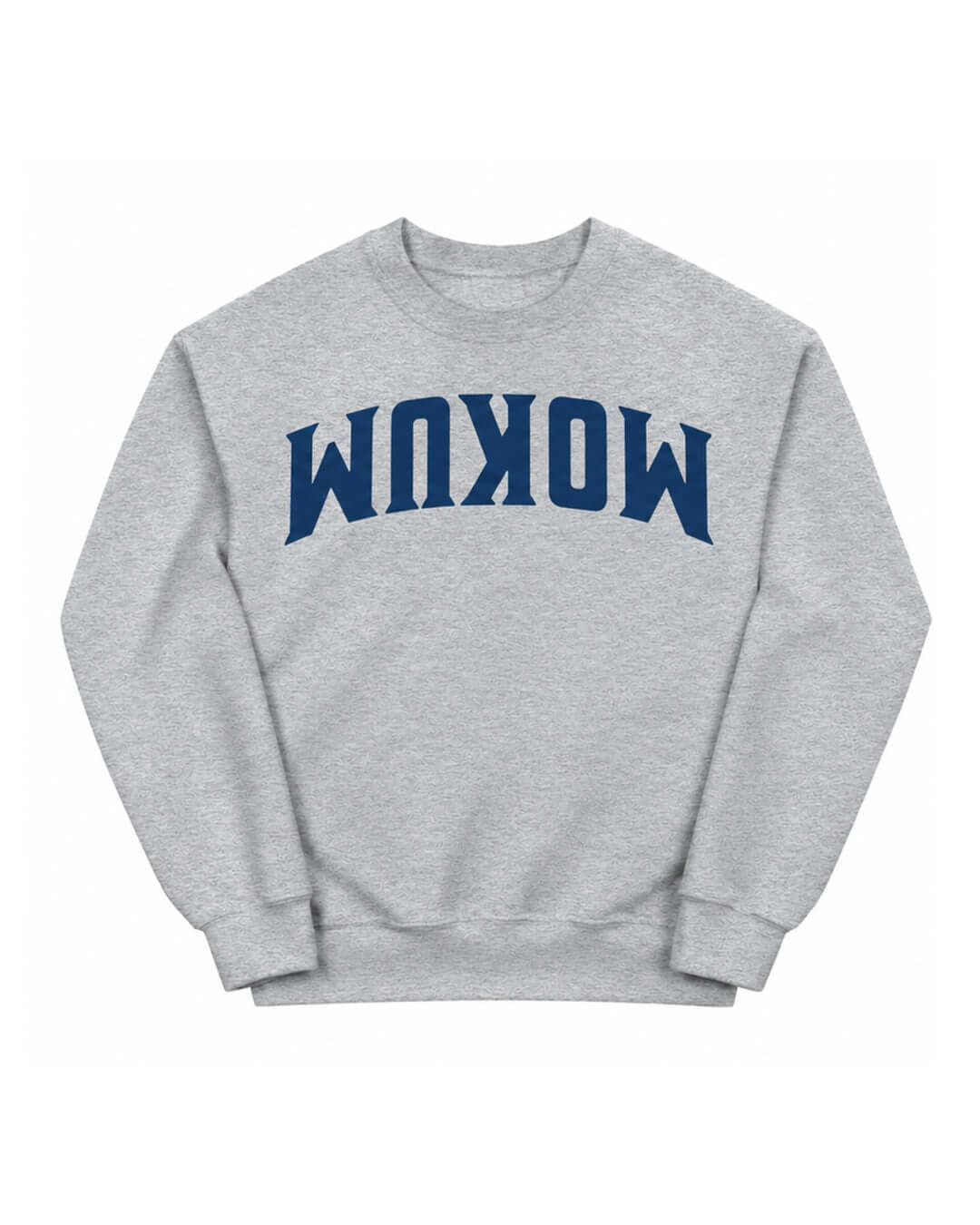 BINKY Mokum Soft Sweater in Sport Grey with large upside-down navy MOKUM lettering, front view.