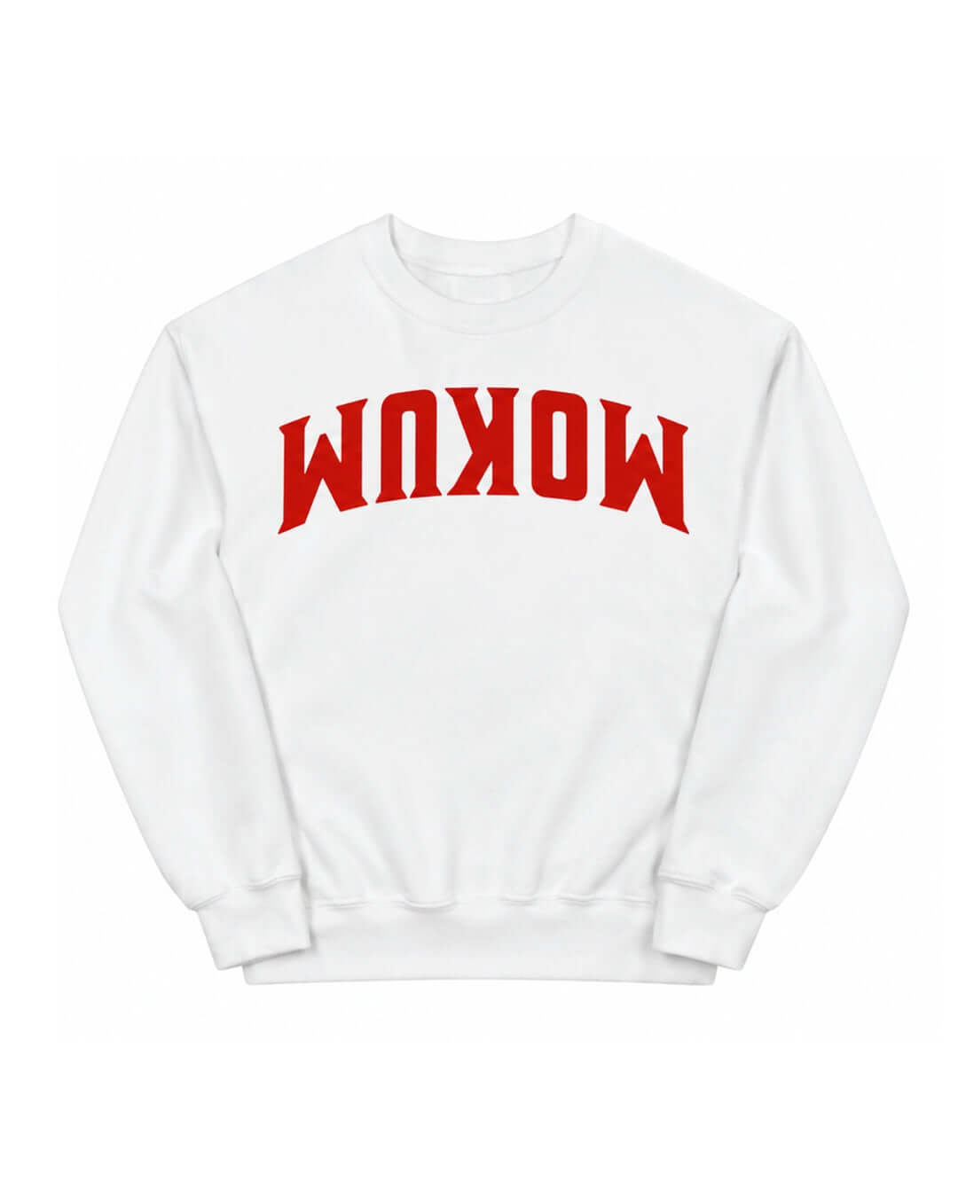 BINKY Mokum Soft Sweater in White with large upside-down red MOKUM lettering, front view.