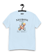 NEGRONI COCKTAIL T-SHIRT hanging on a hanger, featuring a vibrant cocktail print, made of premium soft cotton.