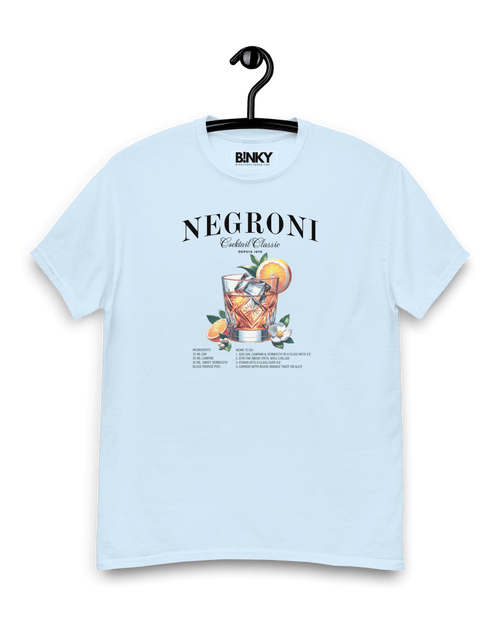 NEGRONI T-SHIRT hanging on a hanger, featuring a vibrant cocktail print, made of premium soft cotton.