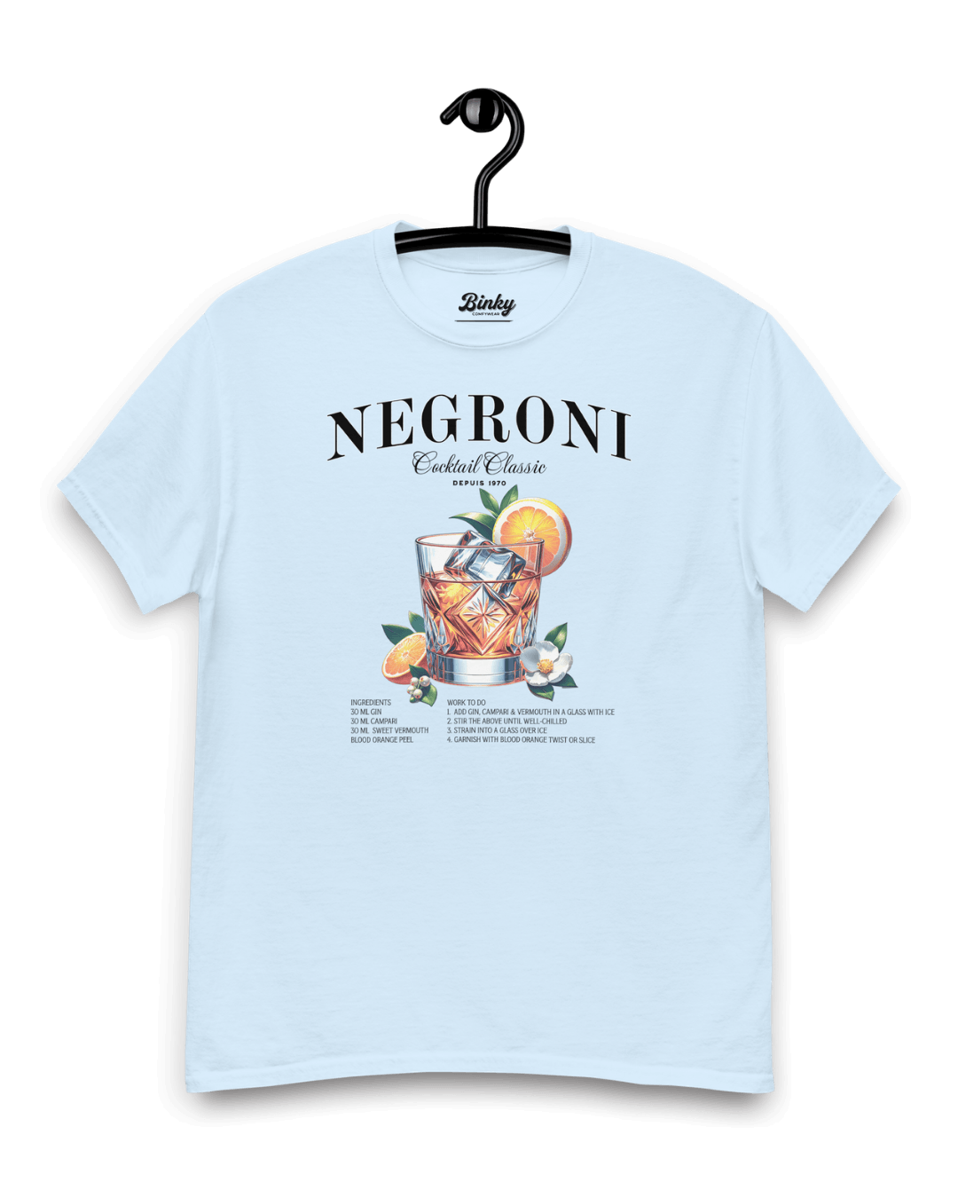 NEGRONI T-SHIRT | EXQUISITE LUXURY EDITION featuring a cocktail graphic on a light blue background.