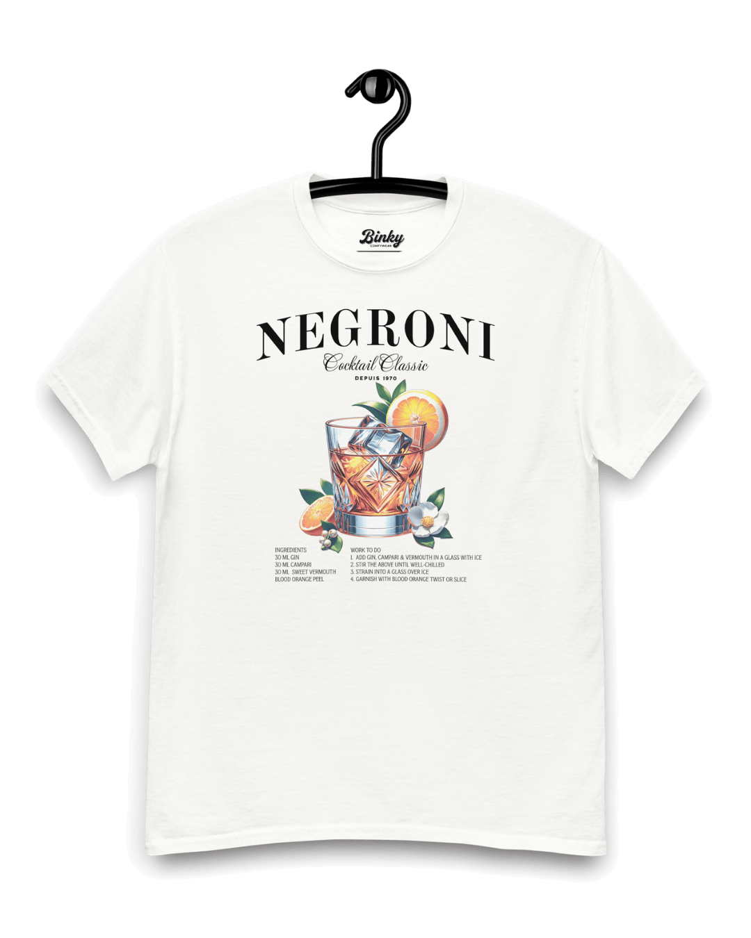 NEGRONI T-SHIRT | EXQUISITE LUXURY EDITION featuring a stylish cocktail graphic on a white T-shirt.