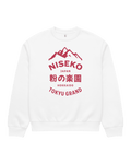 Niseko Powder Paradise Heavy Sweater featuring bold mountain graphic and typography in red on white background.