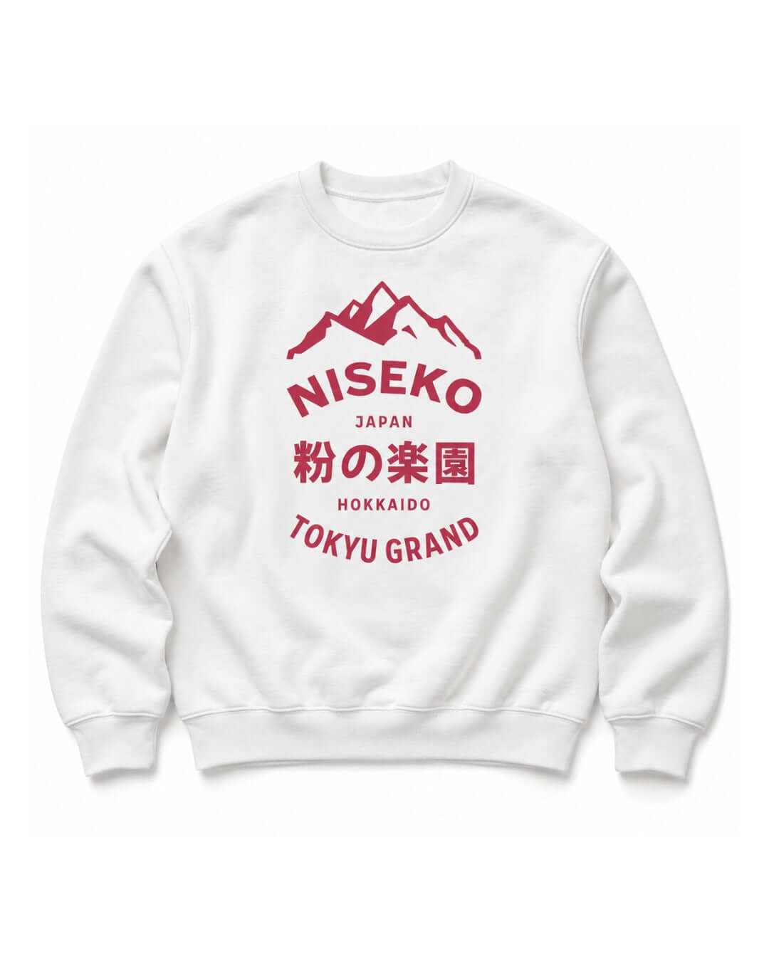BINKY Niseko Powder Paradise Heavy Sweater in White, front view with red vintage Japanese ski mountain graphic.