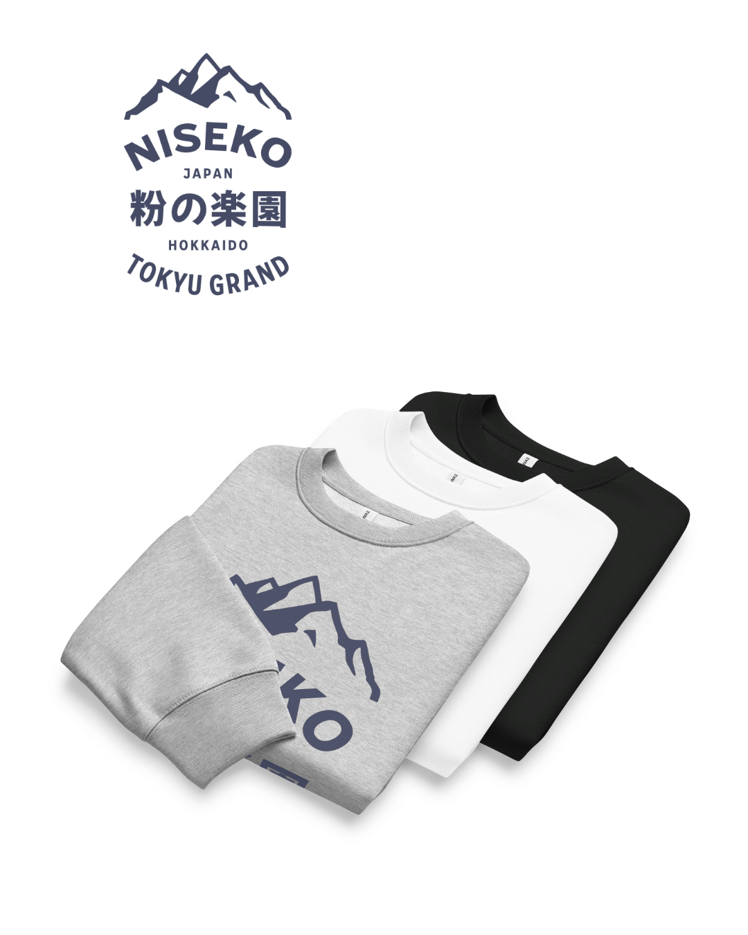 NISEKO POWDER PARADISE HEAVY SWEATER three color options with mountain logo design.