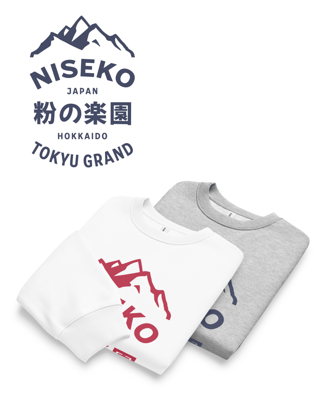 Niseko Powder Paradise Heavy Sweater design showcasing two color options, emphasizing Hokkaido mountain logo.
