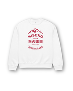 NISEKO POWDER PARADISE HEAVY SWEATER featuring a white base and bold red graphic design with mountains.