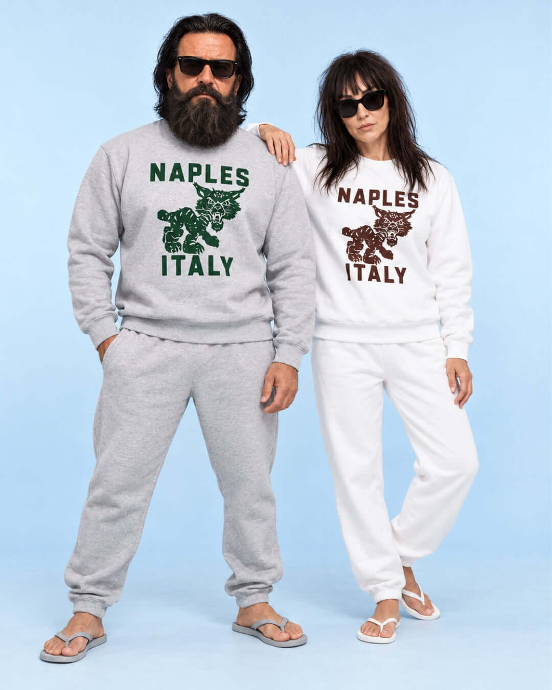 Walter and Helga wearing Naples Wildcat Soft Sweaters in Sport Grey with green print and White with brown print