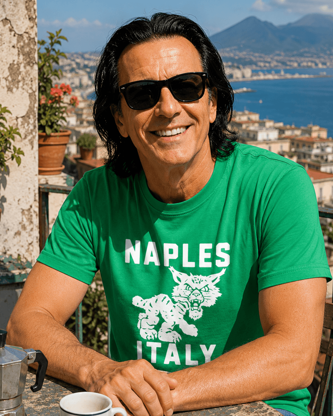 Man wearing Naples Wildcat T-Shirt | Overseas Varsity Bootleg, enjoying coffee with a scenic view of Naples.