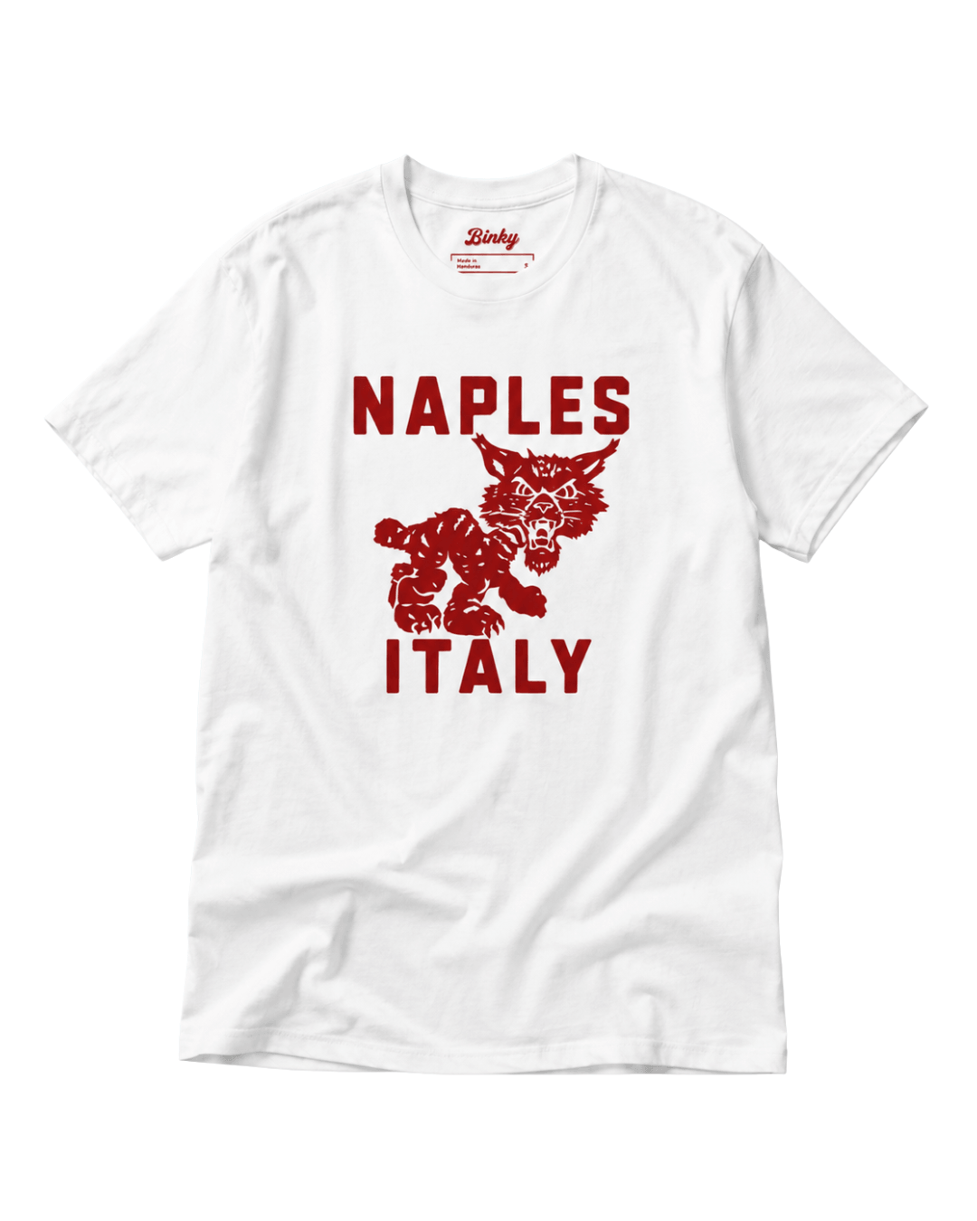 Naples Wildcat T-Shirt | Overseas Varsity Bootleg featuring a playful design with Naples Italy text in bold red.