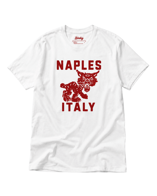 Naples Wildcat T-Shirt | Overseas Varsity Bootleg featuring a playful design with Naples Italy text in bold red.