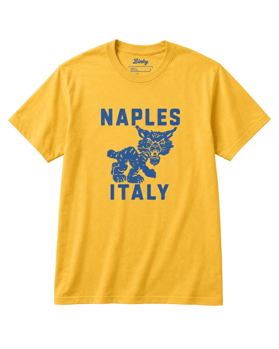 Naples Wildcat T-Shirt | Overseas Varsity Bootleg design featuring a blue graphic on a yellow background.