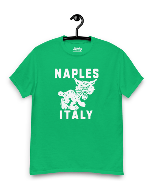 Naples Wildcat T-Shirt | Overseas Varsity Bootleg featuring Naples Italy graphic on a green background.