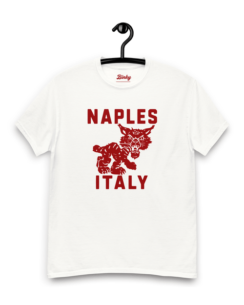 Naples Wildcat T-Shirt | Overseas Varsity Bootleg on display, featuring bold design with Naples Italy text.