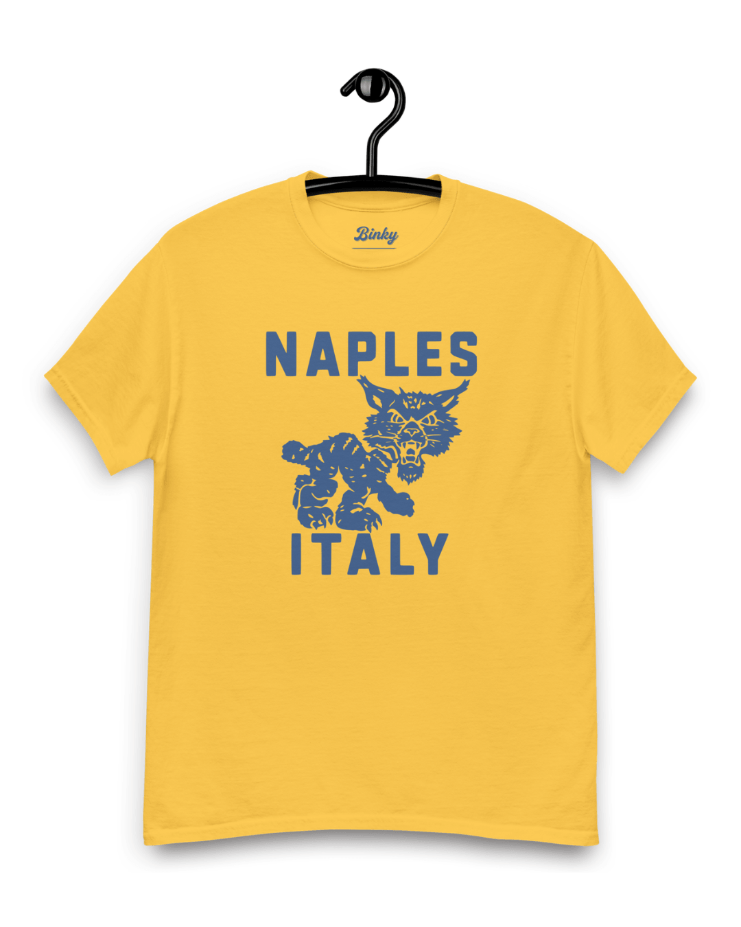 Naples Wildcat T-Shirt | Overseas Varsity Bootleg featuring a yellow design with Naples and Italy text.