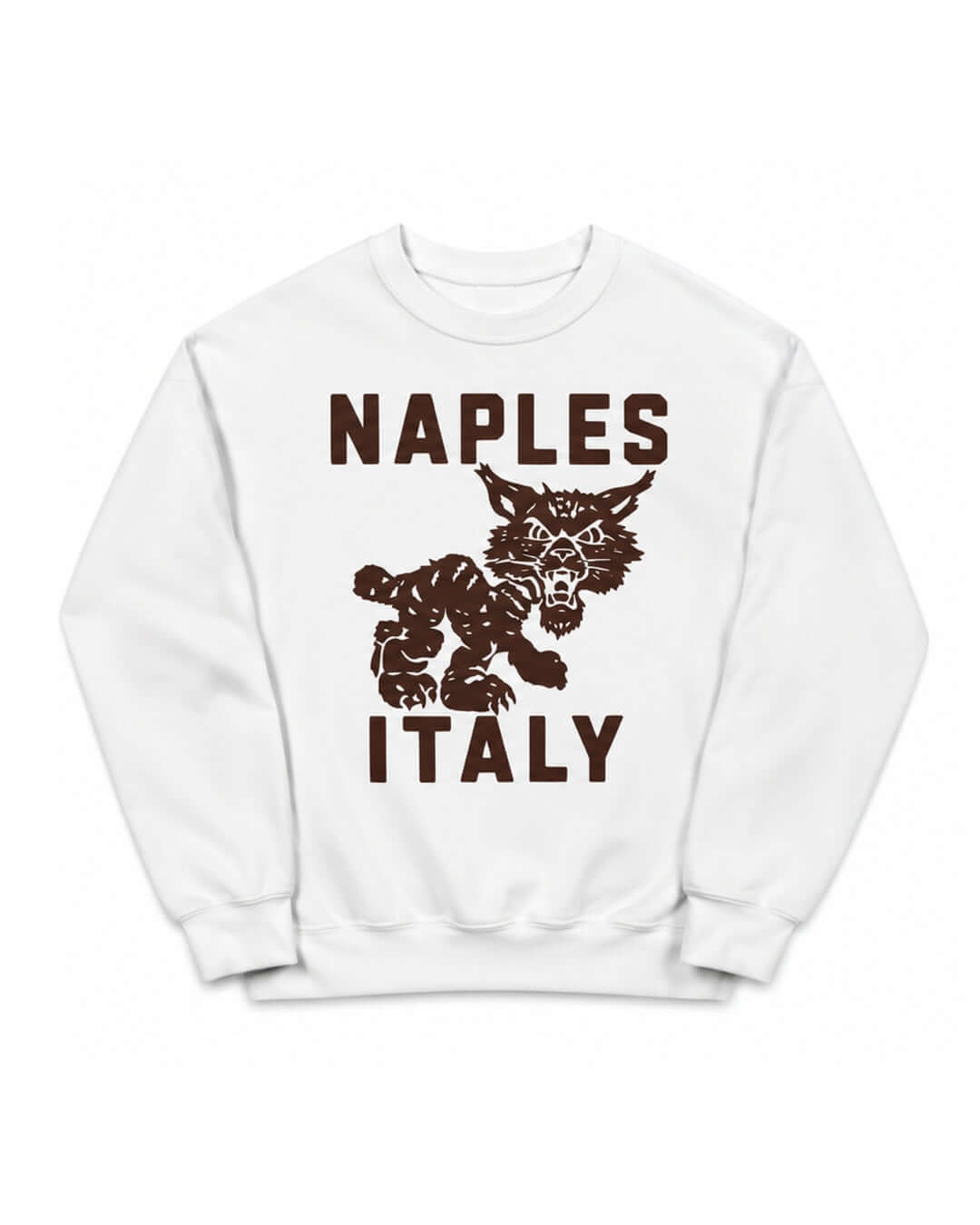 Naples Wildcat Soft Sweater in White with chocolate brown NAPLES, wildcat and ITALY front graphic